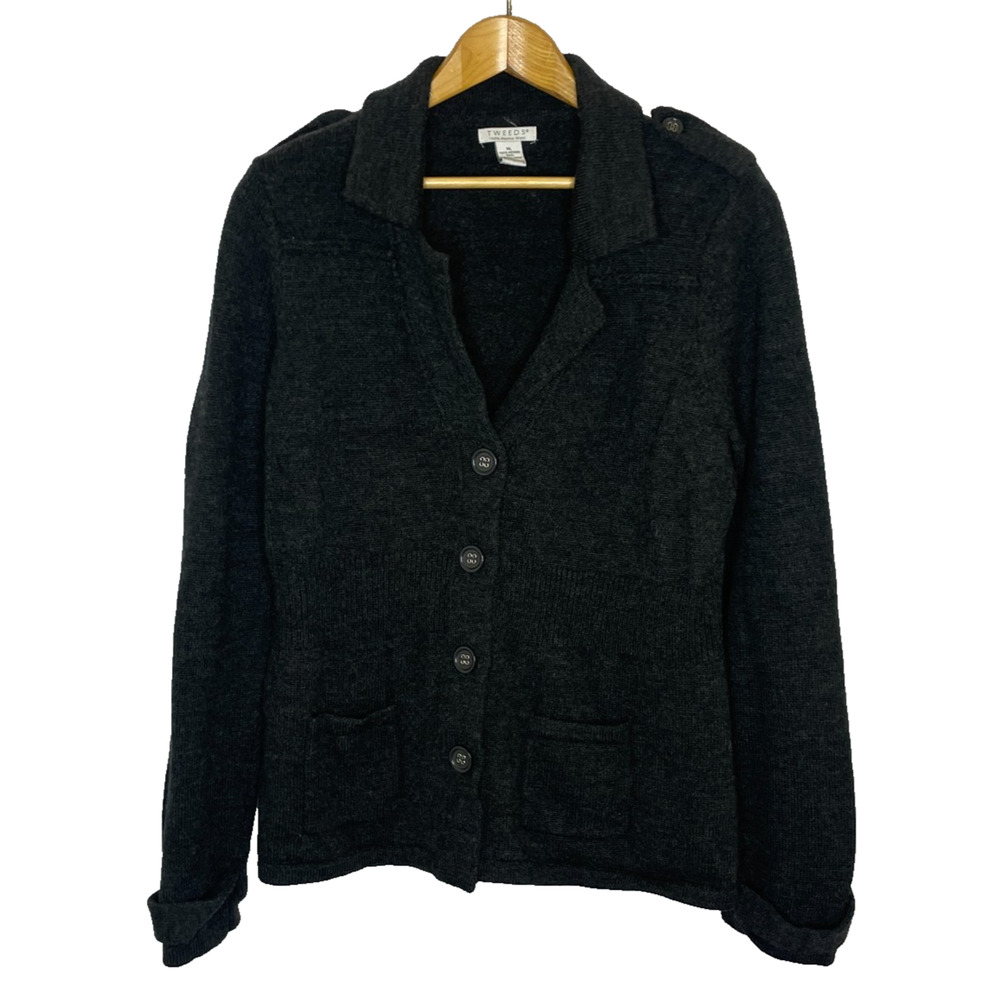 Women's XL Tweeds 100% Merino Wool Button Front Shawl Collar Cardigan Gray